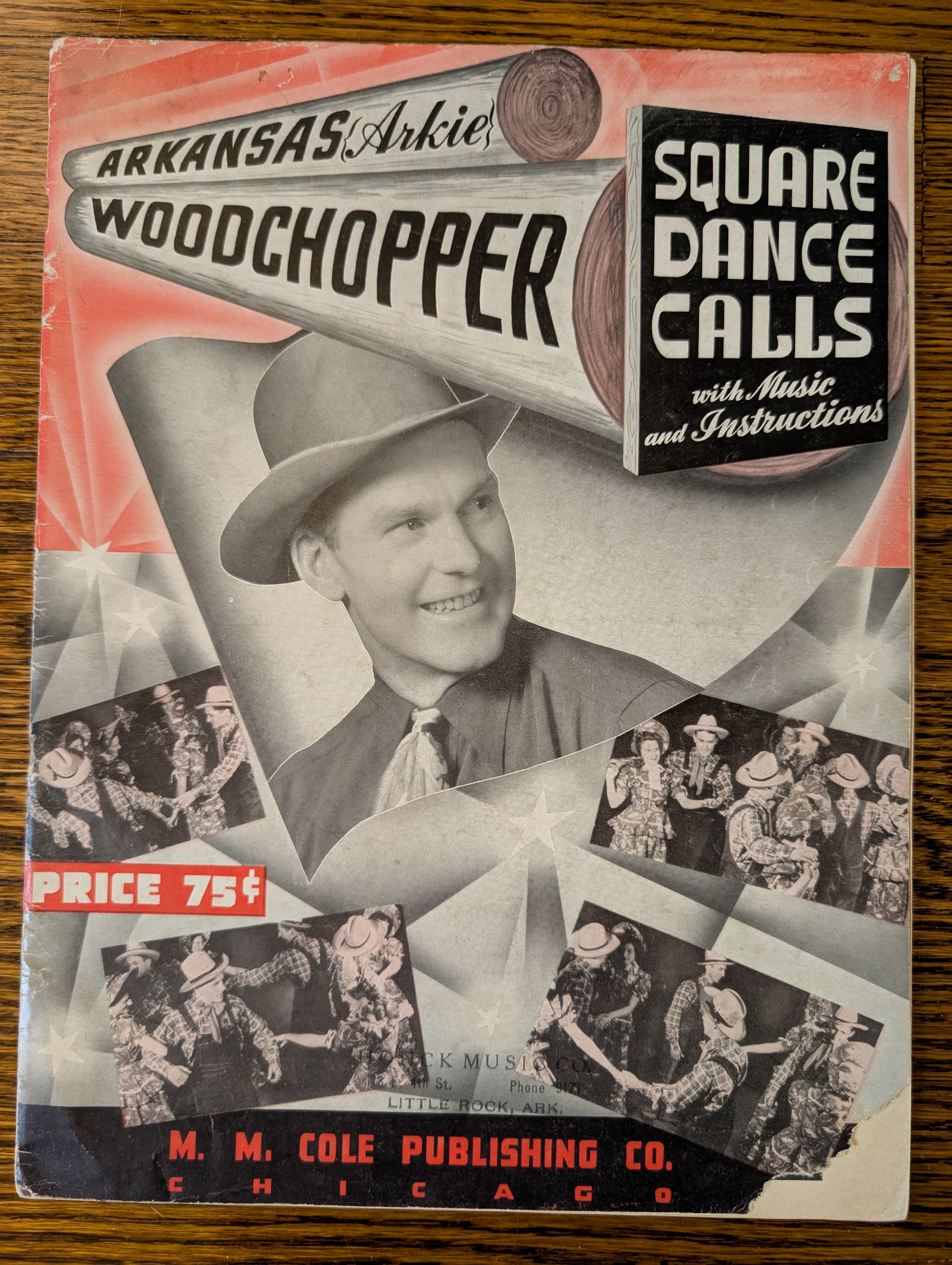 Cover of Arkansas Arkie Woodchopper Square Dance Calls, showing Mr. Arkie, pictures of square dancing, and lumber.