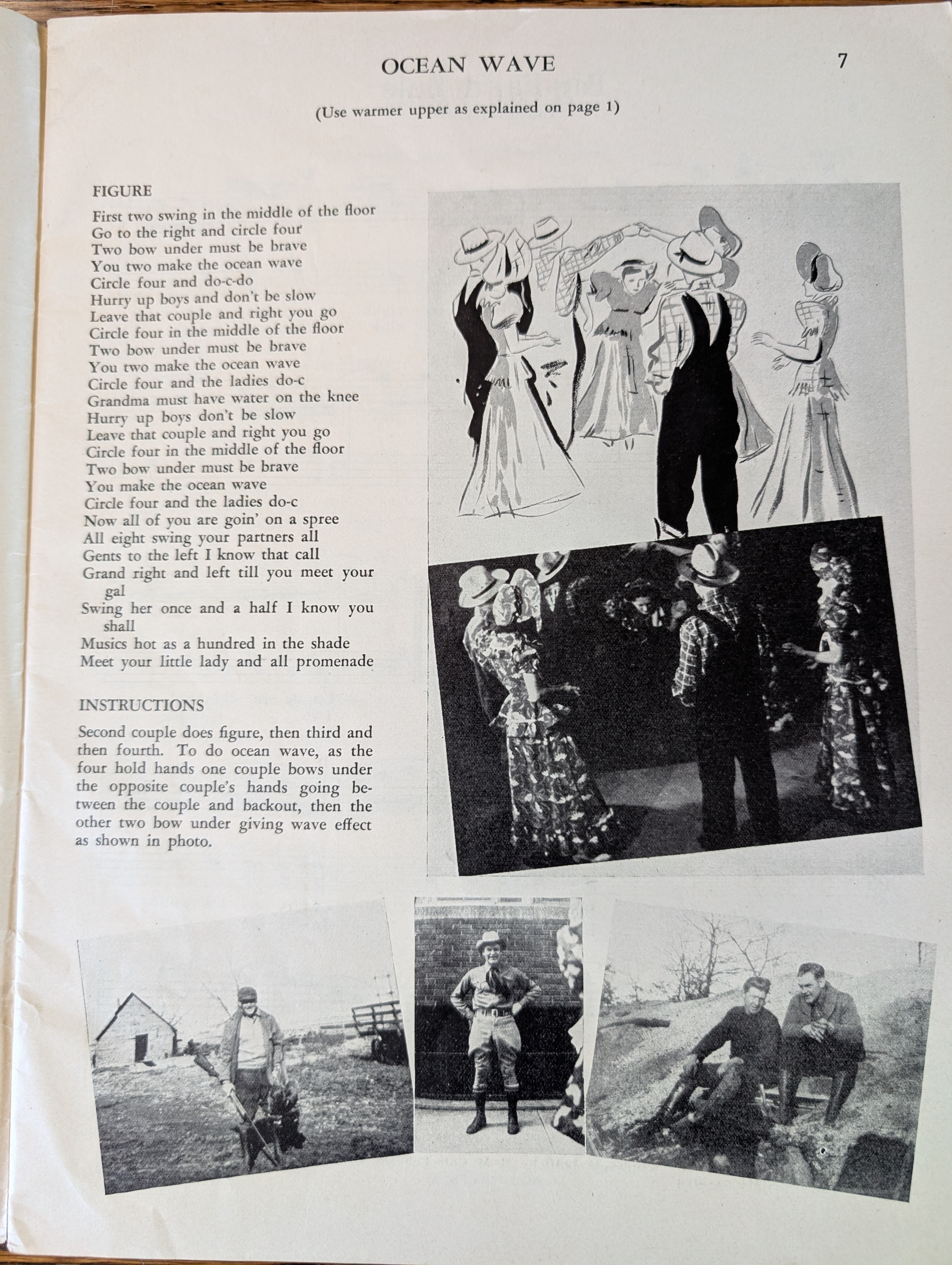 Interior page of the book demonstrating a dance called Ocean Wave, with a real-life photo demonstration, an illustration of the photo, and photographs of Arkie.